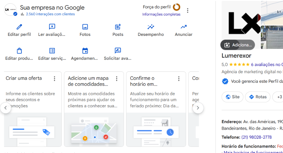 Perfil de empresa completo no Google com horário telefone e fotos