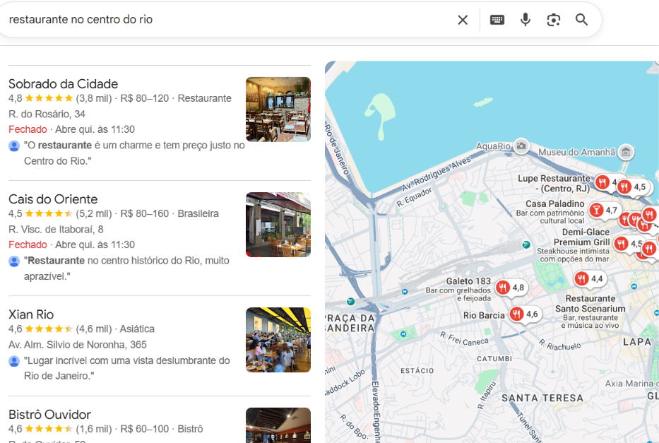 Resultados locais do Google com diferentes empresas classificadas