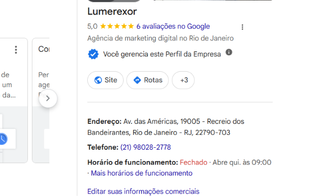 Perfil local com fotos horários e informações comerciais